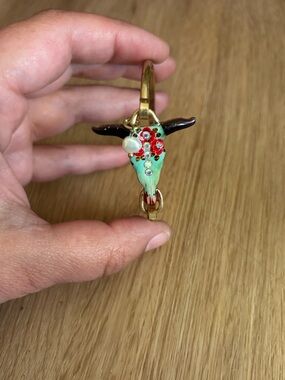Bull Skull Charm Bracelet with Turquoise & Red Floral Enamel real pearl